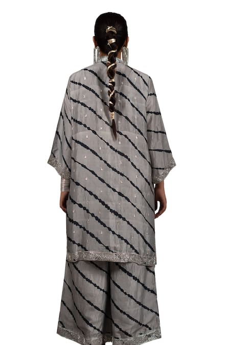 Bhusattva_Silver Organza, Cotton, Silk Zari, Embroidery Pitta Yoke Leheriya Kurta Set _at_Aza_Fashions