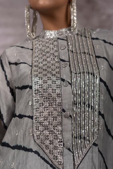 Shop_Bhusattva_Silver Organza, Cotton, Silk Zari, Embroidery Pitta Yoke Leheriya Kurta Set 