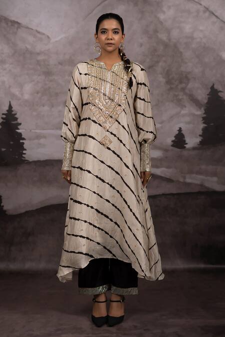 Bhusattva_Beige Silk, Cotton Embroidery Pitta And Badla Work Yoke Leheriya Anarkali Set _Online_at_Aza_Fashions