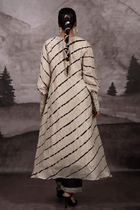 Buy_Bhusattva_Beige Silk, Cotton Embroidery Pitta And Badla Work Yoke Leheriya Anarkali Set _Online_at_Aza_Fashions