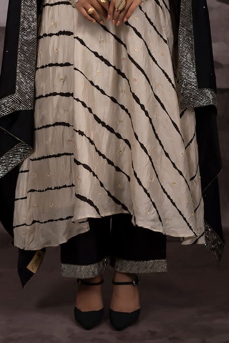 Bhusattva_Beige Silk, Cotton Embroidery Pitta And Badla Work Yoke Leheriya Anarkali Set _at_Aza_Fashions