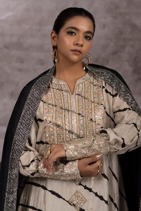 Shop_Bhusattva_Beige Silk, Cotton Embroidery Pitta And Badla Work Yoke Leheriya Anarkali Set 