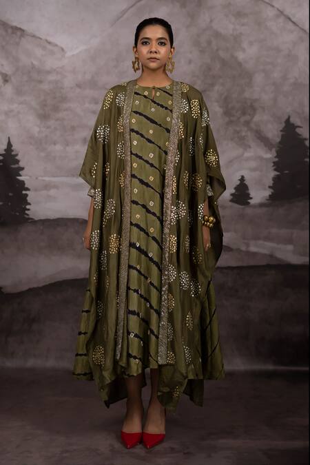 Bhusattva_Green Organza, Cotton Flora Cluster Pitta Work Kaftan Cape With Leheriya Kurta _Online_at_Aza_Fashions