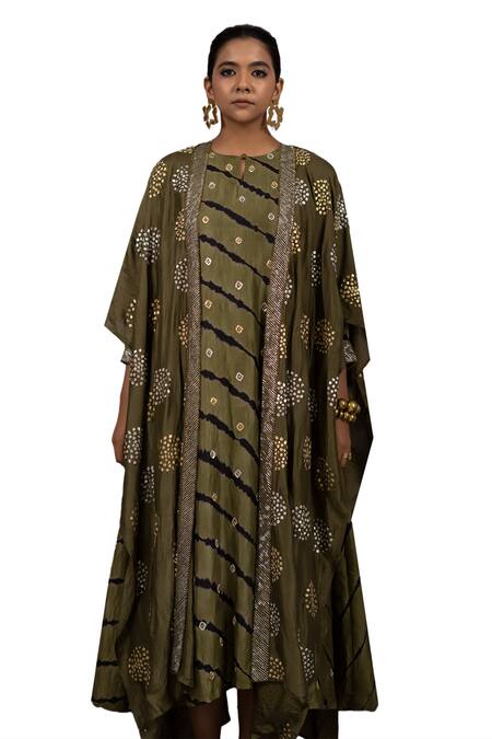 Buy_Bhusattva_Green Organza, Cotton Flora Cluster Pitta Work Kaftan Cape With Leheriya Kurta _Online_at_Aza_Fashions