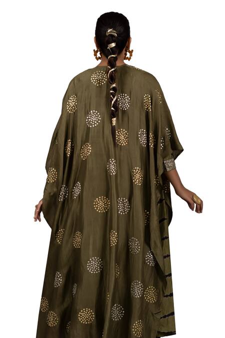 Shop_Bhusattva_Green Organza, Cotton Flora Cluster Pitta Work Kaftan Cape With Leheriya Kurta _Online_at_Aza_Fashions