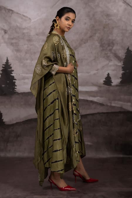 Bhusattva_Green Organza, Cotton Flora Cluster Pitta Work Kaftan Cape With Leheriya Kurta _at_Aza_Fashions