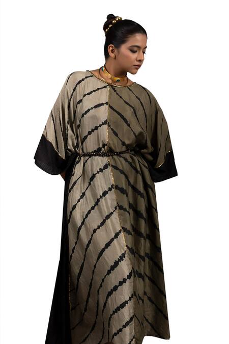 Bhusattva_Green Silk Patchwork And Leheriya Pattern Reversible Kaftan With Rope Belt _Online_at_Aza_Fashions