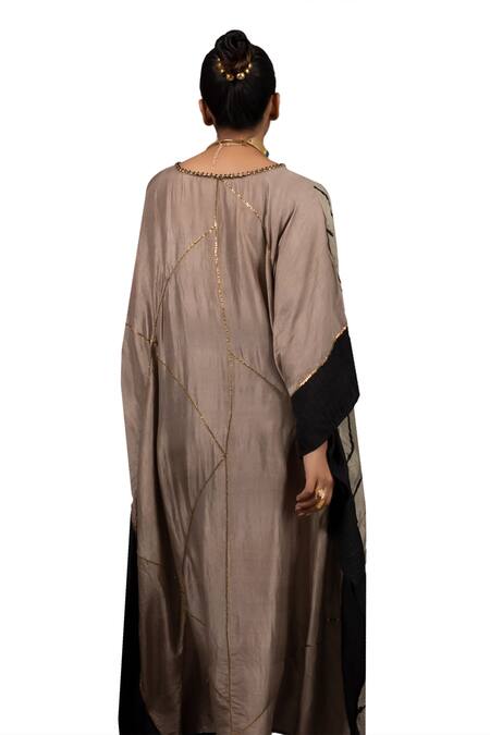 Shop_Bhusattva_Green Silk Patchwork And Leheriya Pattern Reversible Kaftan With Rope Belt _Online_at_Aza_Fashions