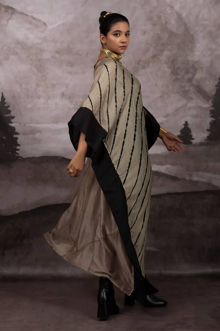 Bhusattva_Green Silk Patchwork And Leheriya Pattern Reversible Kaftan With Rope Belt _at_Aza_Fashions