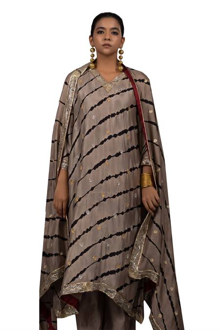 Shop_Bhusattva_Gold Cotton, Silk Embroidery V-neck Nakshi Motif Leheriya Kurta Pant Set _Online_at_Aza_Fashions