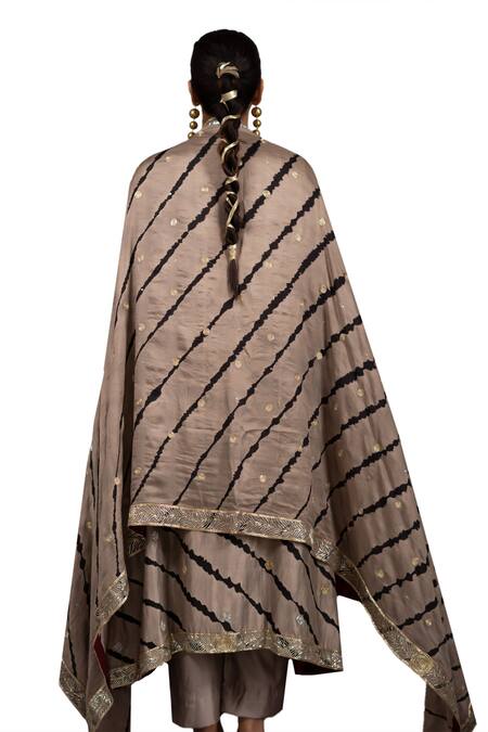 Buy_Bhusattva_Gold Cotton, Silk Embroidery V-neck Nakshi Motif Leheriya Kurta Pant Set 