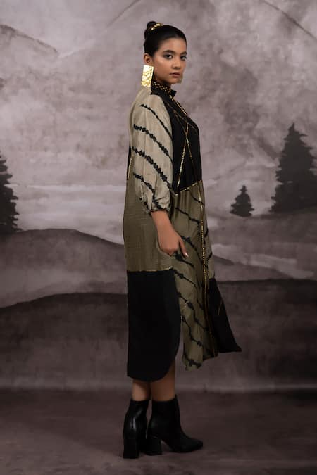 Bhusattva Multi Color Silk Sequins Collared Patchwork Embroidered Dress With Rope Belt Online at Aza Fashions Bhusattva_Multi Color Silk Sequins Collared Patchwork Embroidered Dress With Rope Belt _Online_at_Aza_Fashions