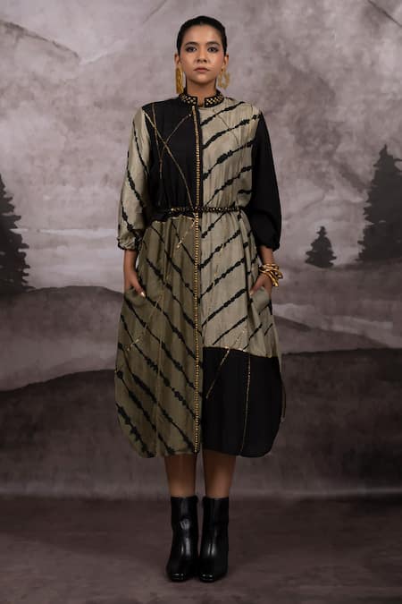 Buy Bhusattva Multi Color Silk Sequins Collared Patchwork Embroidered Dress With Rope Belt Online at Aza Fashions Buy_Bhusattva_Multi Color Silk Sequins Collared Patchwork Embroidered Dress With Rope Belt _Online_at_Aza_Fashions