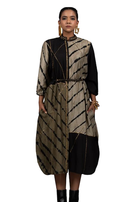 Shop Bhusattva Multi Color Silk Sequins Collared Patchwork Embroidered Dress With Rope Belt Online at Aza Fashions Shop_Bhusattva_Multi Color Silk Sequins Collared Patchwork Embroidered Dress With Rope Belt _Online_at_Aza_Fashions