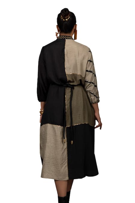 Bhusattva Multi Color Silk Sequins Collared Patchwork Embroidered Dress With Rope Belt at Aza Fashions Bhusattva_Multi Color Silk Sequins Collared Patchwork Embroidered Dress With Rope Belt _at_Aza_Fashions