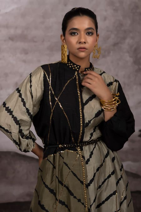 Buy Bhusattva Multi Color Silk Sequins Collared Patchwork Embroidered Dress With Rope Belt Buy_Bhusattva_Multi Color Silk Sequins Collared Patchwork Embroidered Dress With Rope Belt