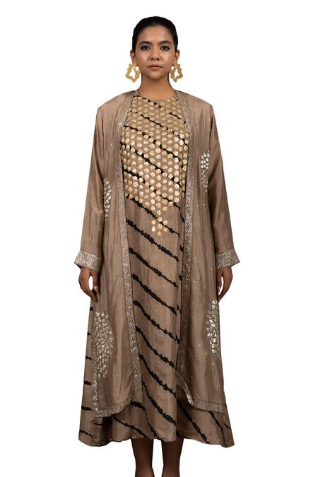 Buy_Bhusattva_Brown Silk, Cotton Metallic Thread, Leheriya Pattern Kurta With Shrug _Online_at_Aza_Fashions