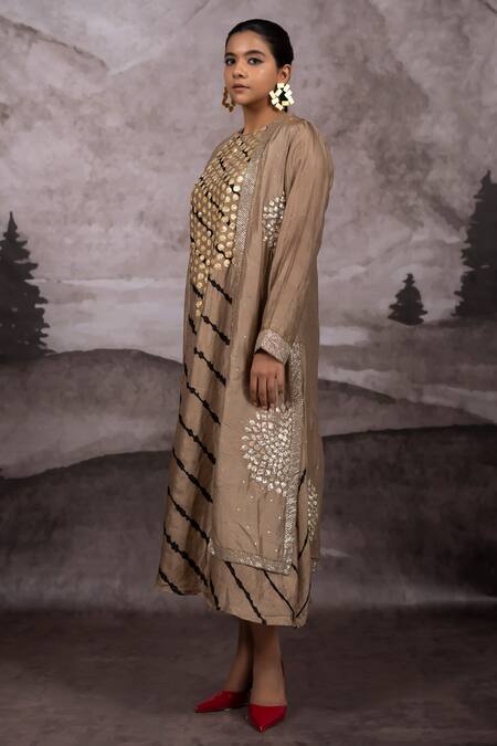 Shop_Bhusattva_Brown Silk, Cotton Metallic Thread, Leheriya Pattern Kurta With Shrug _Online_at_Aza_Fashions