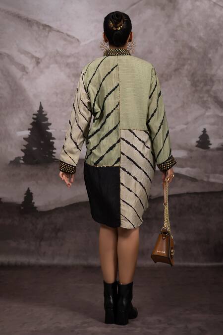 Shop_Bhusattva_Green Silk Sequins Collared Embroidered Shirt Dress _at_Aza_Fashions