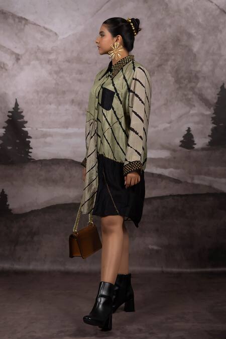 Bhusattva_Green Silk Sequins Collared Embroidered Shirt Dress _Online_at_Aza_Fashions