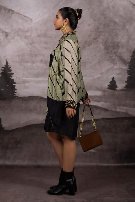 Buy_Bhusattva_Green Silk Sequins Collared Embroidered Shirt Dress _Online_at_Aza_Fashions