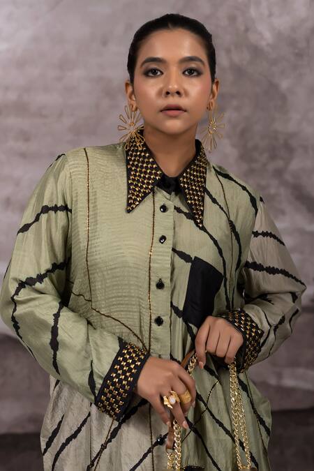 Shop_Bhusattva_Green Silk Sequins Collared Embroidered Shirt Dress _Online_at_Aza_Fashions