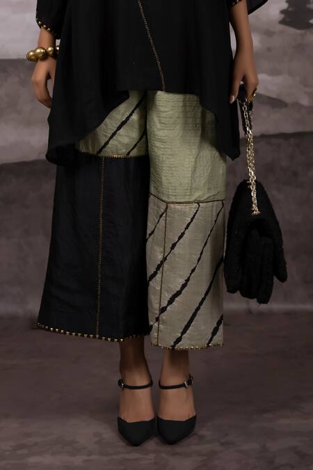 Bhusattva_Black Silk, Organza, Cotton Sequins Round Asymmetric Top And Patchwork Palazzo Set _Online_at_Aza_Fashions