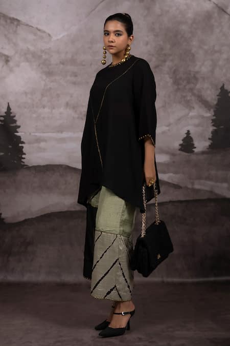 Buy_Bhusattva_Black Silk, Organza, Cotton Sequins Round Asymmetric Top And Patchwork Palazzo Set _Online_at_Aza_Fashions