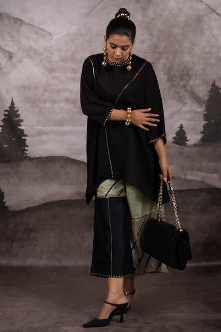 Shop_Bhusattva_Black Silk, Organza, Cotton Sequins Round Asymmetric Top And Patchwork Palazzo Set _Online_at_Aza_Fashions