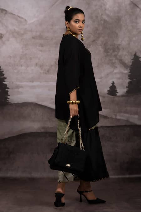 Bhusattva_Black Silk, Organza, Cotton Sequins Round Asymmetric Top And Patchwork Palazzo Set _at_Aza_Fashions