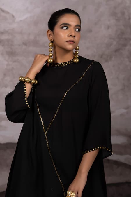 Buy_Bhusattva_Black Silk, Organza, Cotton Sequins Round Asymmetric Top And Patchwork Palazzo Set 