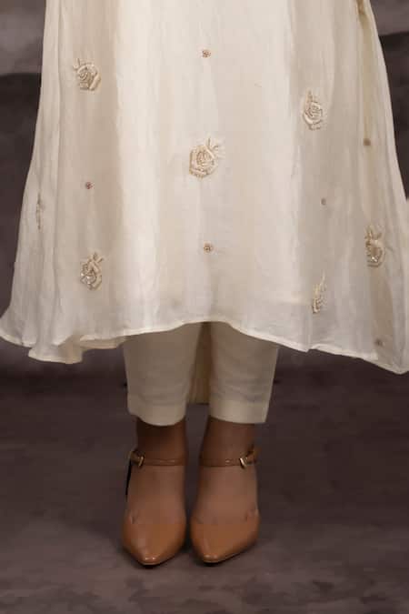 Buy_Bhusattva_Ivory Silk, Cotton, Organza Cut Work, Sequins, Embroidery Round Kurta Pant Set _Online_at_Aza_Fashions