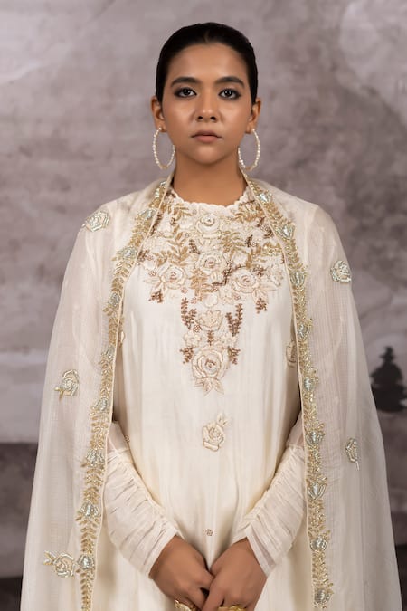 Bhusattva_Ivory Silk, Cotton, Organza Cut Work, Sequins, Embroidery Round Kurta Pant Set _at_Aza_Fashions