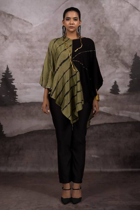 Bhusattva_Green Bamboo, Silk Sequins, Studs V-neck Metal Embroidered Kaftan Top _Online_at_Aza_Fashions