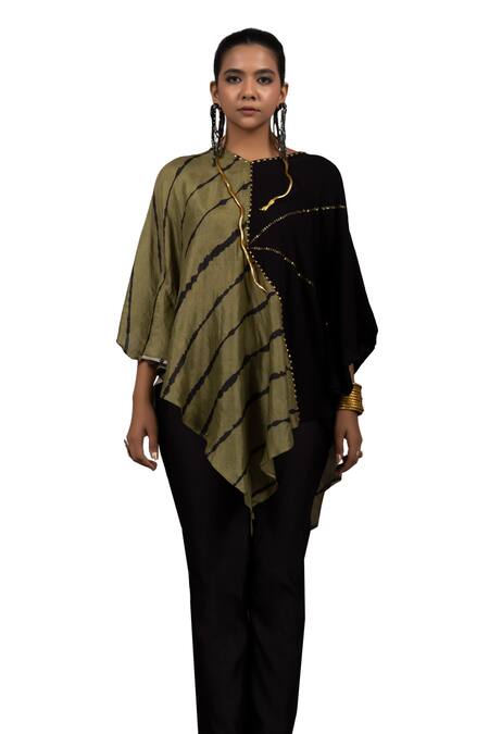 Buy_Bhusattva_Green Bamboo, Silk Sequins, Studs V-neck Metal Embroidered Kaftan Top _Online_at_Aza_Fashions