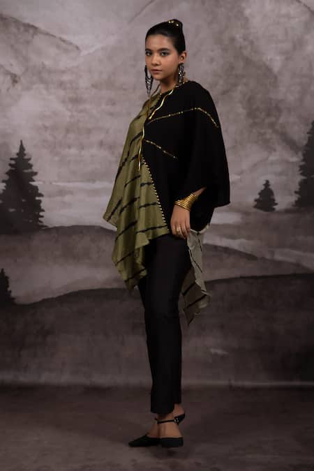 Shop_Bhusattva_Green Bamboo, Silk Sequins, Studs V-neck Metal Embroidered Kaftan Top _Online_at_Aza_Fashions