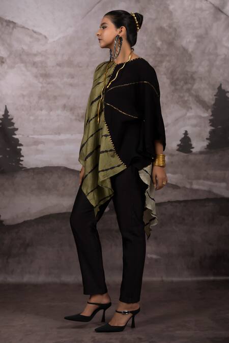 Bhusattva_Green Bamboo, Silk Sequins, Studs V-neck Metal Embroidered Kaftan Top _at_Aza_Fashions