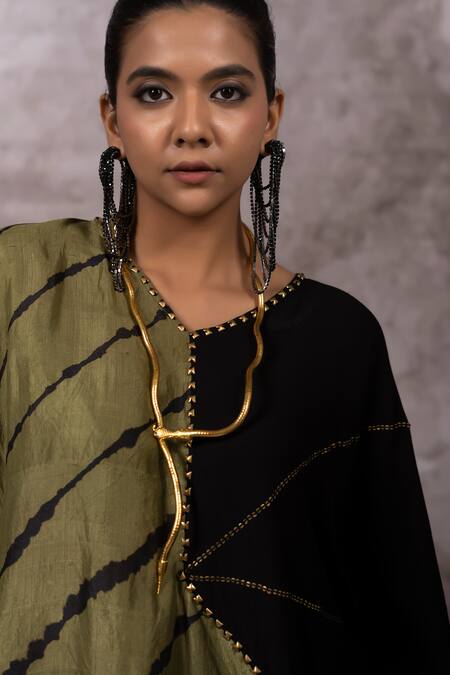 Shop_Bhusattva_Green Bamboo, Silk Sequins, Studs V-neck Metal Embroidered Kaftan Top 