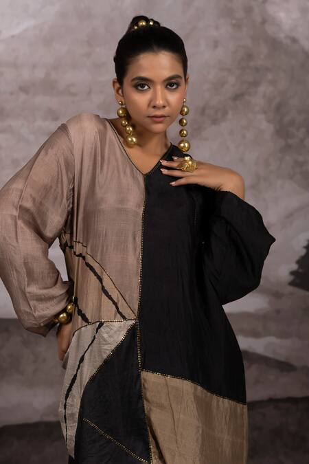 Shop_Bhusattva_Brown Organic Silk Embroidered Metal Leheriya Pattern Tunic And Patchwork Pant Set 