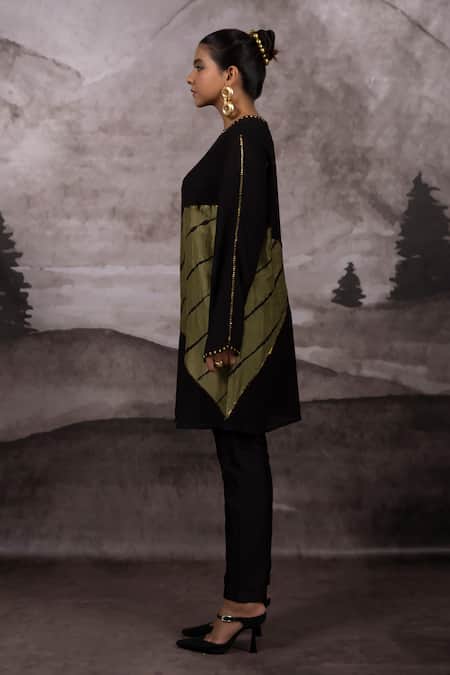 Bhusattva_Green Silk, Cotton Sequins Round Metal Embroidered Patchwork Tunic And Pant Set _Online_at_Aza_Fashions