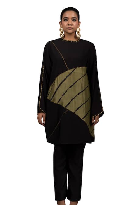 Bhusattva_Green Silk, Cotton Sequins Round Metal Embroidered Patchwork Tunic And Pant Set _at_Aza_Fashions