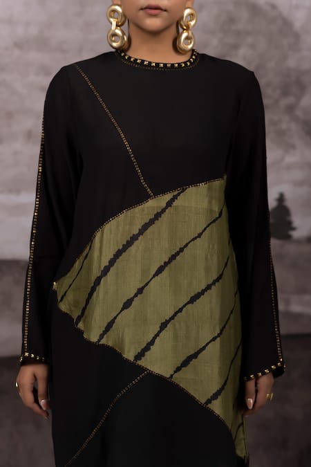 Buy_Bhusattva_Green Silk, Cotton Sequins Round Metal Embroidered Patchwork Tunic And Pant Set 