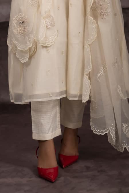 Bhusattva Ivory Cotton, Silk Embroidery, Zari V-neck Zardosi Kurta Pant Set Online at Aza Fashions Bhusattva_Ivory Cotton, Silk Embroidery, Zari V-neck Zardosi Kurta Pant Set _Online_at_Aza_Fashions