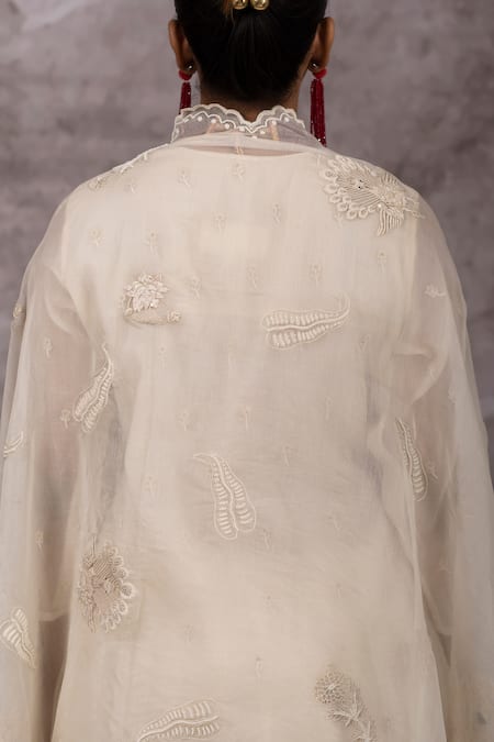 Bhusattva Ivory Cotton, Silk Embroidery, Zari V-neck Zardosi Kurta Pant Set at Aza Fashions Bhusattva_Ivory Cotton, Silk Embroidery, Zari V-neck Zardosi Kurta Pant Set _at_Aza_Fashions