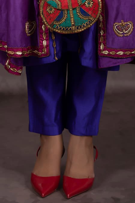 Bhusattva_Purple Silk Embroidery, Sequins, Zari V-neck Zardosi Kurta Pant Set _Online_at_Aza_Fashions