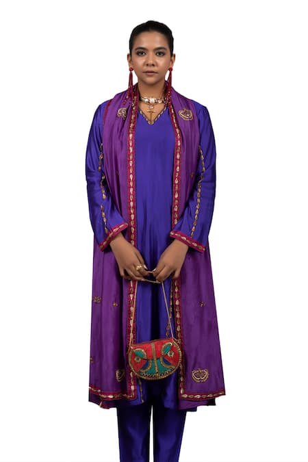 Buy_Bhusattva_Purple Silk Embroidery, Sequins, Zari V-neck Zardosi Kurta Pant Set _Online_at_Aza_Fashions