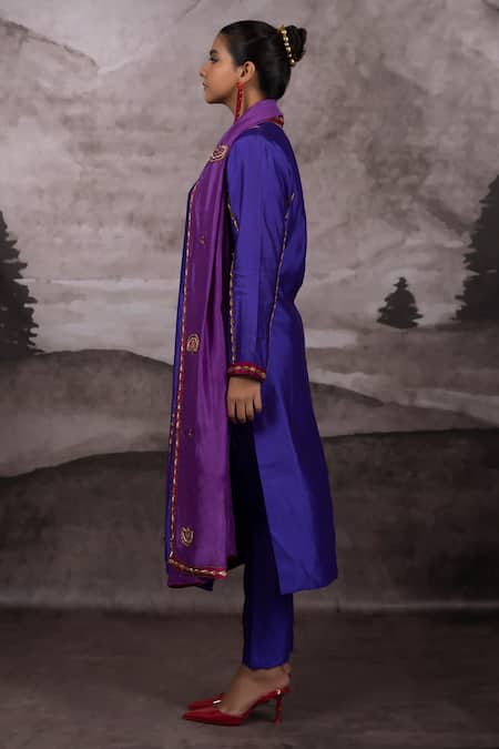 Bhusattva_Purple Silk Embroidery, Sequins, Zari V-neck Zardosi Kurta Pant Set _at_Aza_Fashions