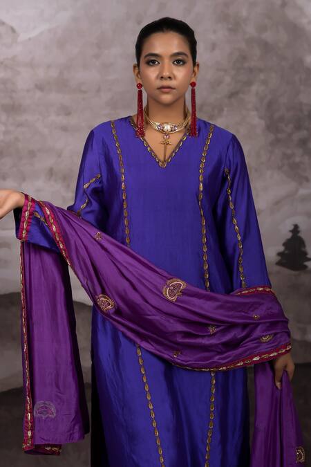 Buy_Bhusattva_Purple Silk Embroidery, Sequins, Zari V-neck Zardosi Kurta Pant Set 