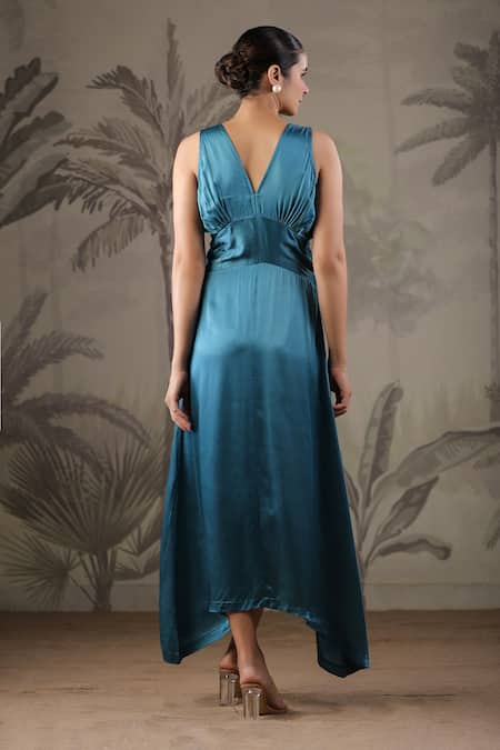 Shop Geroo Jaipur Blue Satin, Silk Blooming Elegance Solid Asymmetric Dress With Handpainted Scarf at Aza Fashions Shop_Geroo Jaipur_Blue Satin, Silk Blooming Elegance Solid Asymmetric Dress With Handpainted Scarf _at_Aza_Fashions