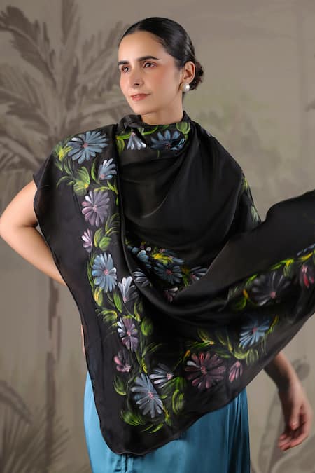 Shop Geroo Jaipur Blue Satin, Silk Blooming Elegance Solid Asymmetric Dress With Handpainted Scarf Online at Aza Fashions Shop_Geroo Jaipur_Blue Satin, Silk Blooming Elegance Solid Asymmetric Dress With Handpainted Scarf _Online_at_Aza_Fashions